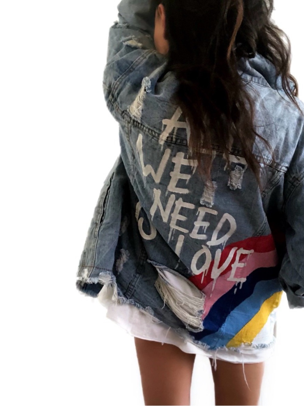 Wren+ Glory All We Need Is Love Distressed Denim Jacket Medium
